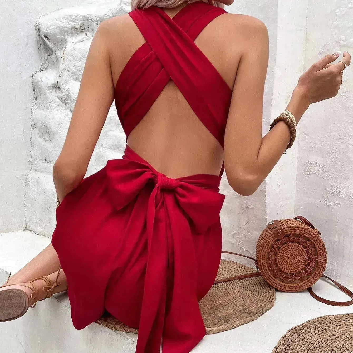 V-neck Charming Lace-up Waist Backless Elegant Sweet Women's Jumpsuit