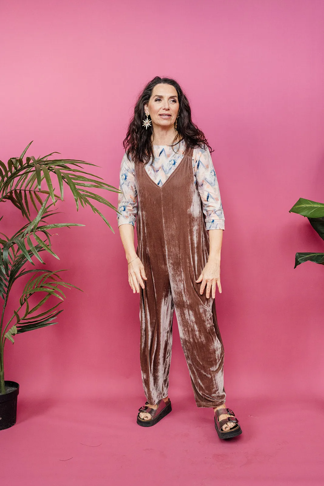 Velvet Dungaree Jumpsuit in Mushroom