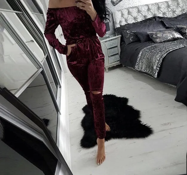 Velvet off the shoulder fashion jumpsuit