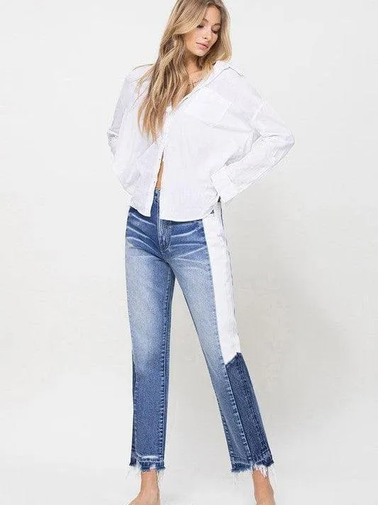 VERVET By Flying Monkey New Girl on the Block Super High Rise Straight Jeans with Side Blocking Panel