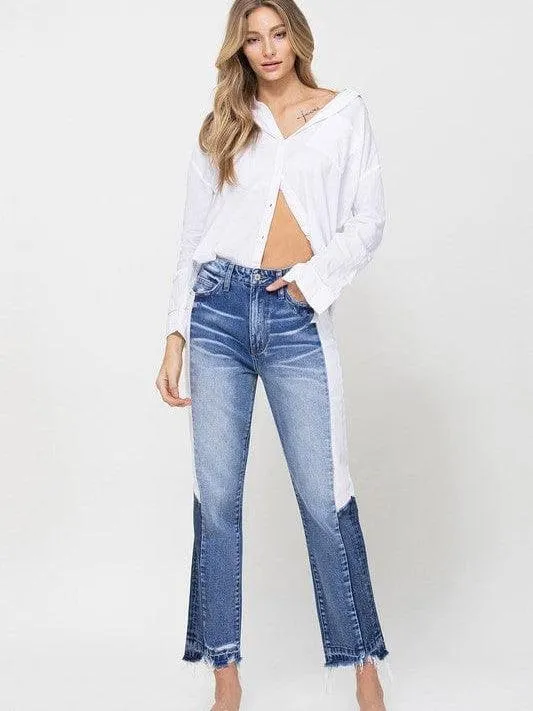 VERVET By Flying Monkey New Girl on the Block Super High Rise Straight Jeans with Side Blocking Panel