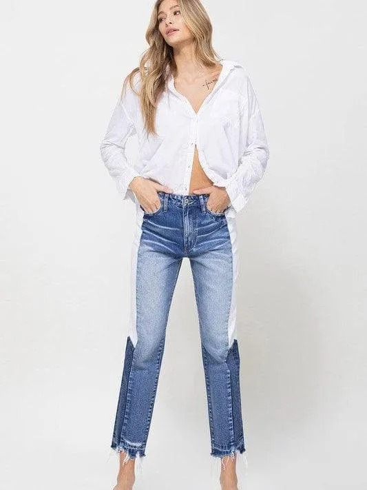 VERVET By Flying Monkey New Girl on the Block Super High Rise Straight Jeans with Side Blocking Panel