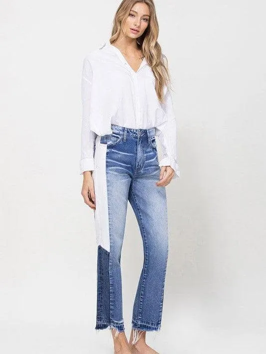 VERVET By Flying Monkey New Girl on the Block Super High Rise Straight Jeans with Side Blocking Panel