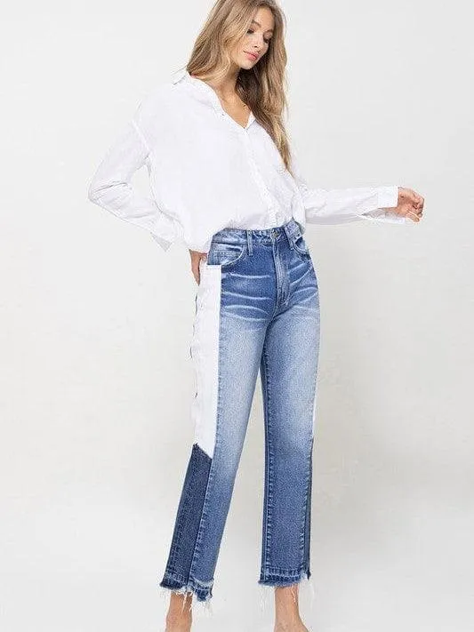 VERVET By Flying Monkey New Girl on the Block Super High Rise Straight Jeans with Side Blocking Panel