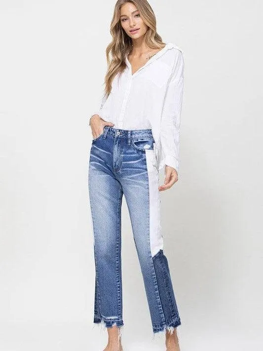 VERVET By Flying Monkey New Girl on the Block Super High Rise Straight Jeans with Side Blocking Panel