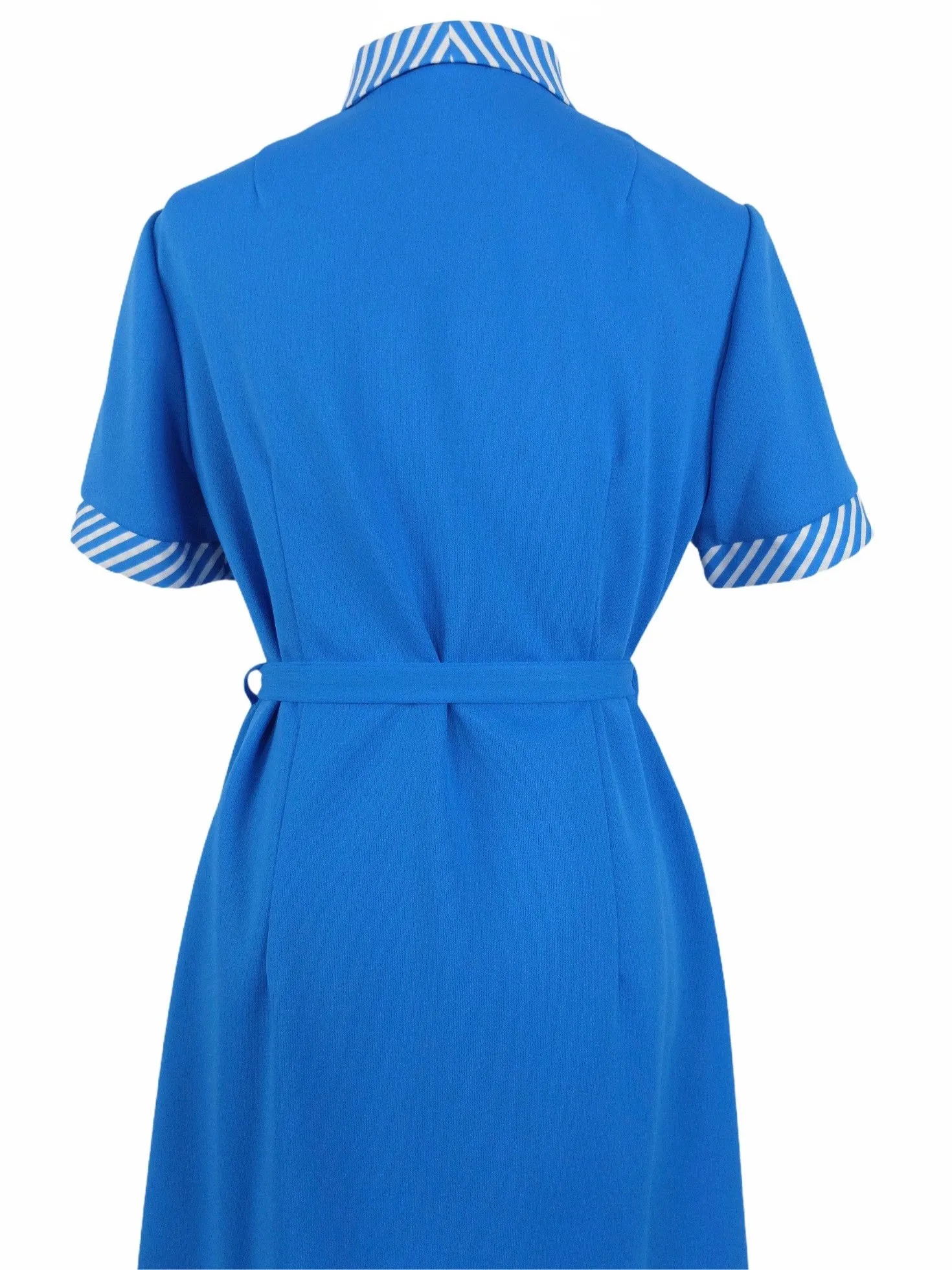 Vintage 60s Mod Psychedelic Gogo Bright Blue Pointed Dagger Collar Half Sleeve Full Circle Belted Shift Midi Dress