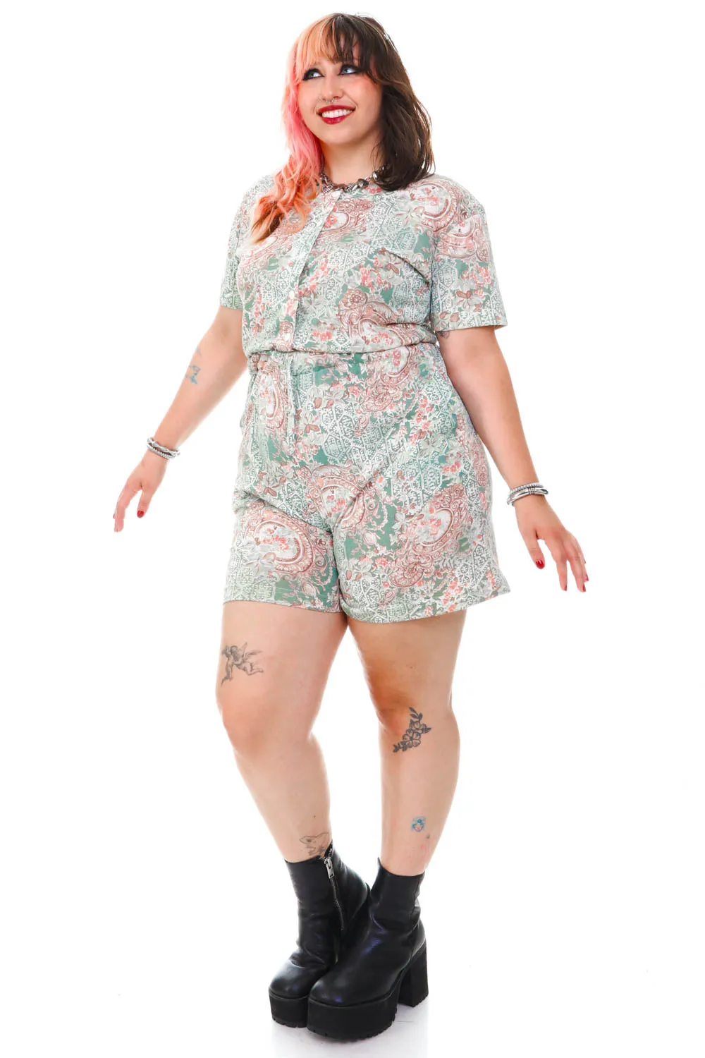 Vintage 90's Pastel Floral Button Up Jumpsuit - XL/2X