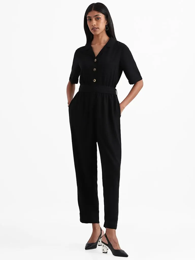 Wardrobe Solid Black Buttoned Jumpsuit with Belt