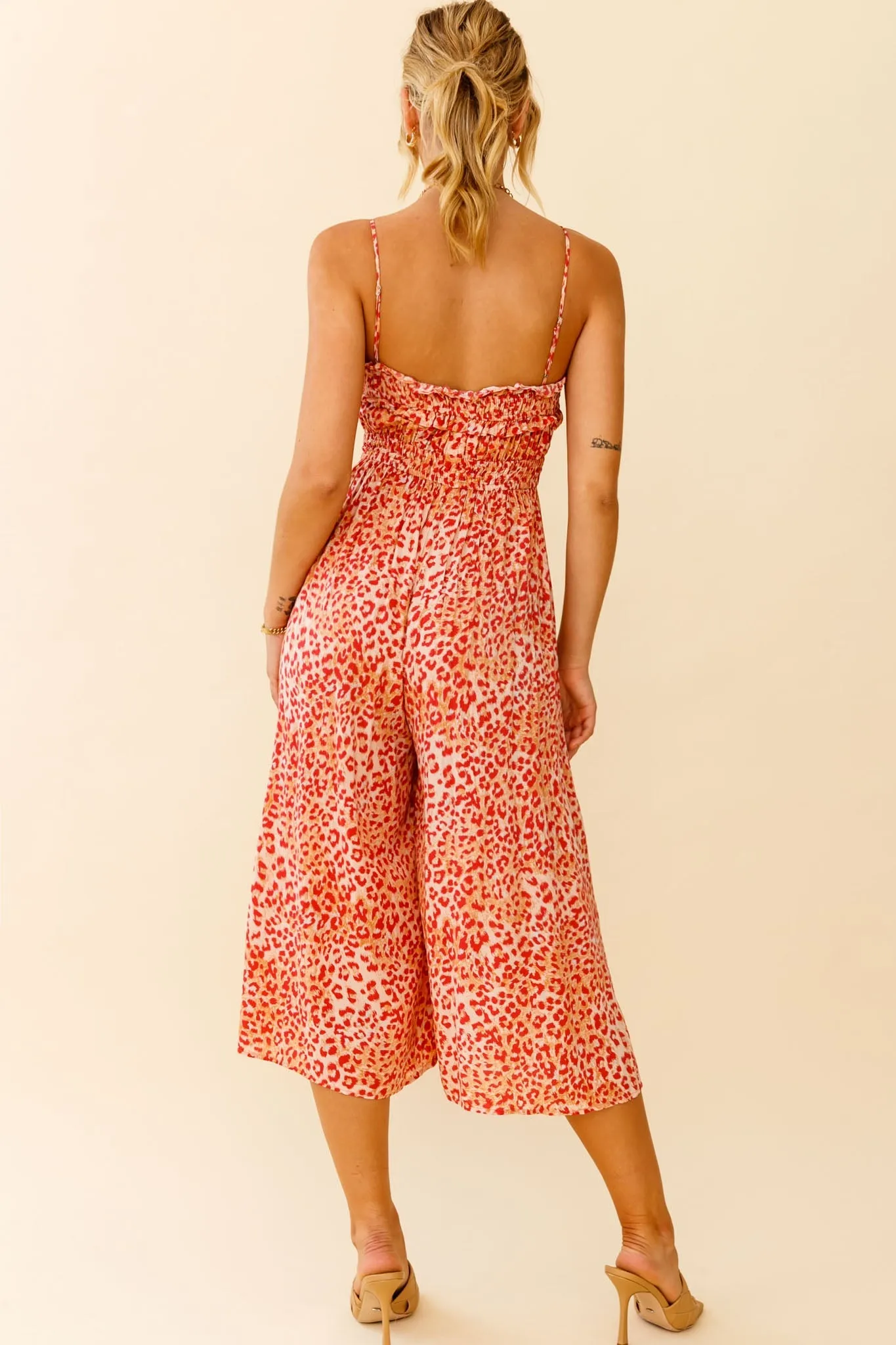 Weekend Escape Cami Strap Drawstring Jumpsuit Animal Print Orange