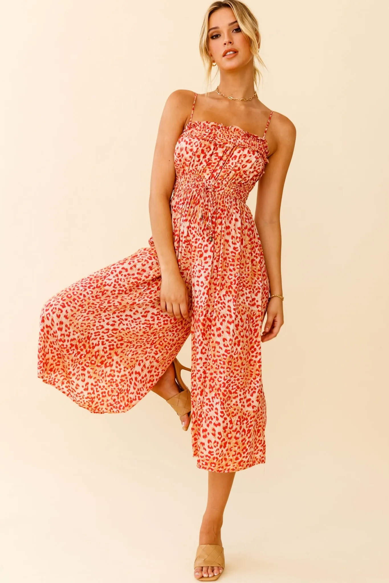 Weekend Escape Cami Strap Drawstring Jumpsuit Animal Print Orange