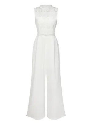 White 1930s Stand Collar Lace Jumpsuit