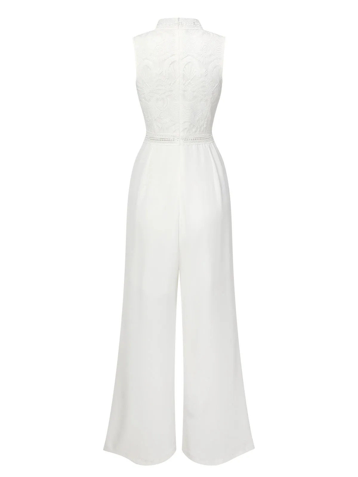 White 1930s Stand Collar Lace Jumpsuit