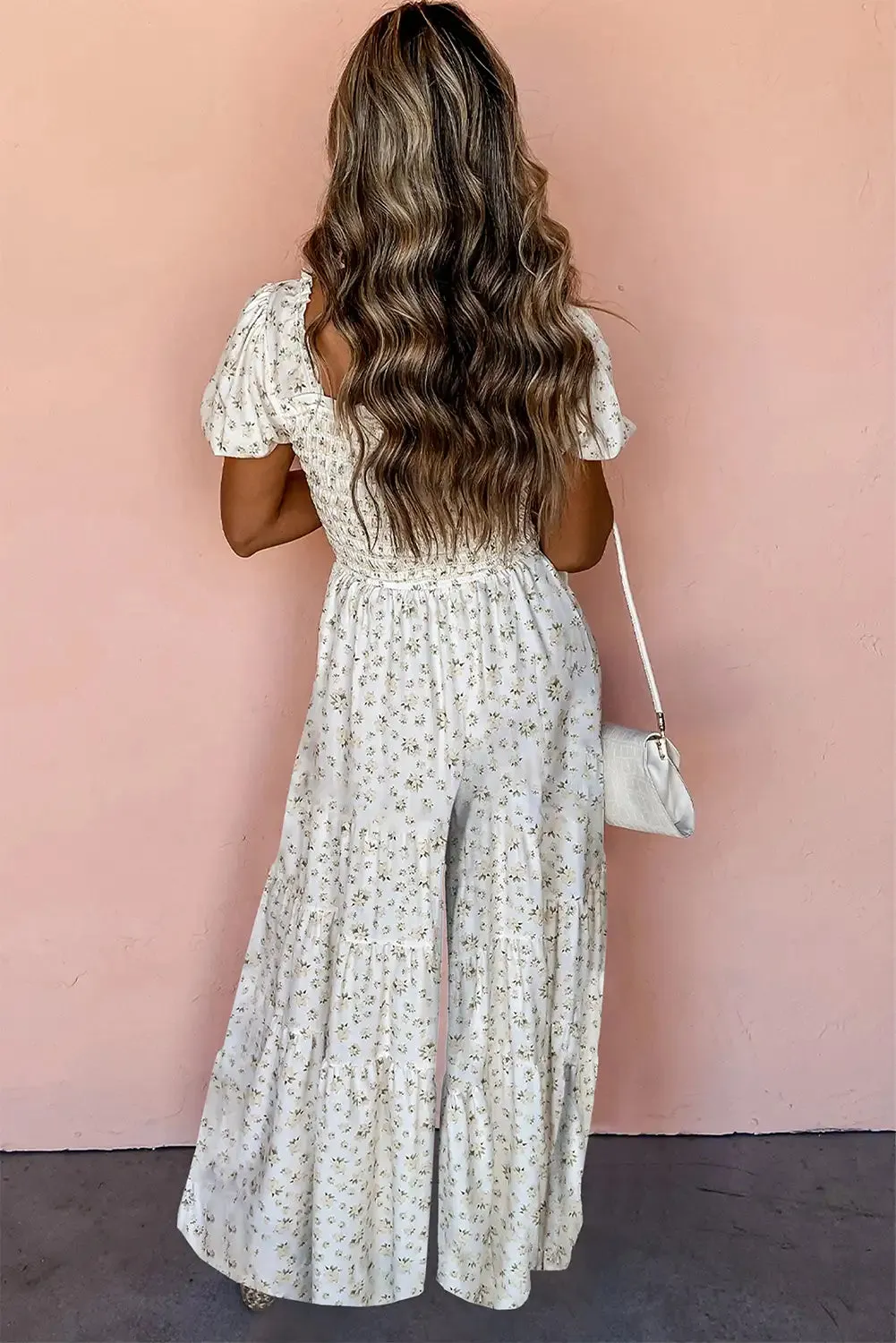 White Boho Floral Smocked Wide Leg Jumpsuit