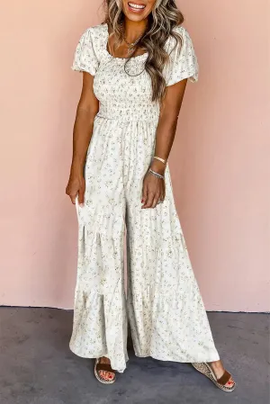 White Boho Floral Smocked Wide Leg Jumpsuit