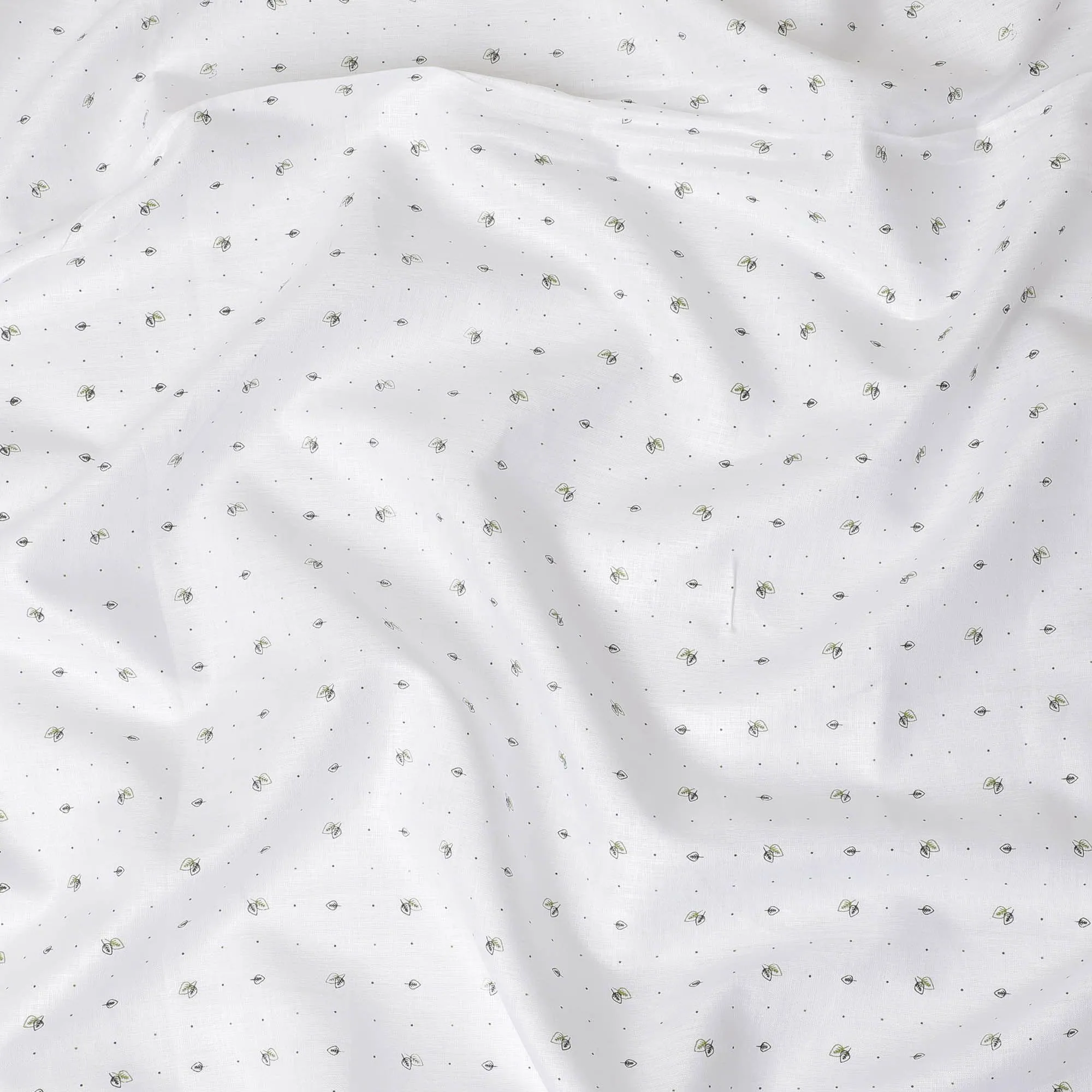 White Premium 100% Pure linen fabric with pastel green and black print in floral design-D10764