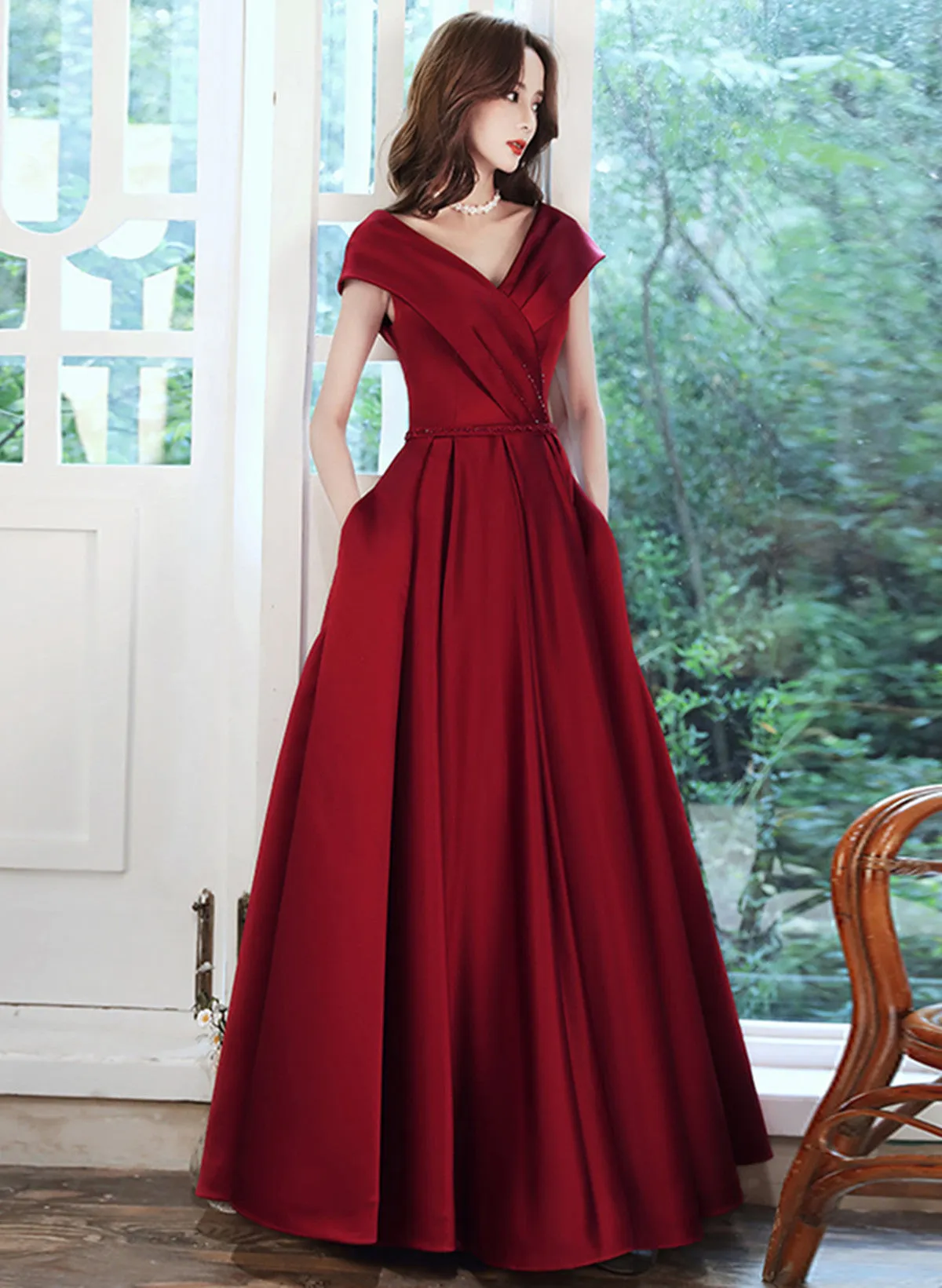 Wine Red Satin V-neckline Floor Length Party Dress, Wine Red Satin Prom Dress