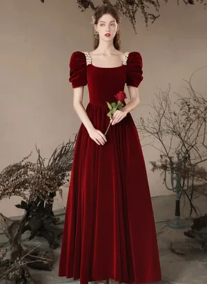 Wine Red Short Sleeves Beaded Velvet Long Formal Dress, Wine Red Velvet Prom Dress