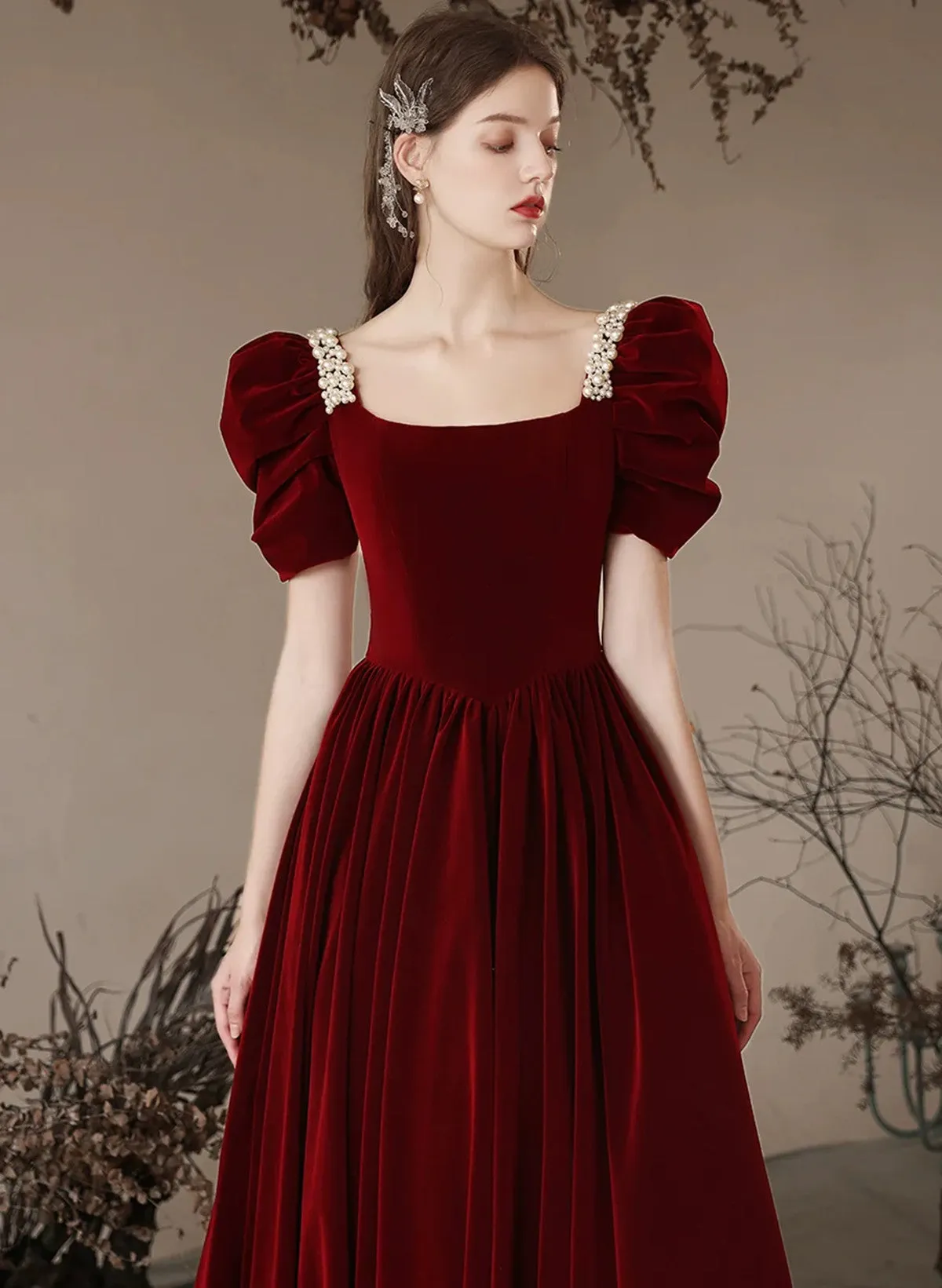 Wine Red Short Sleeves Beaded Velvet Long Formal Dress, Wine Red Velvet Prom Dress