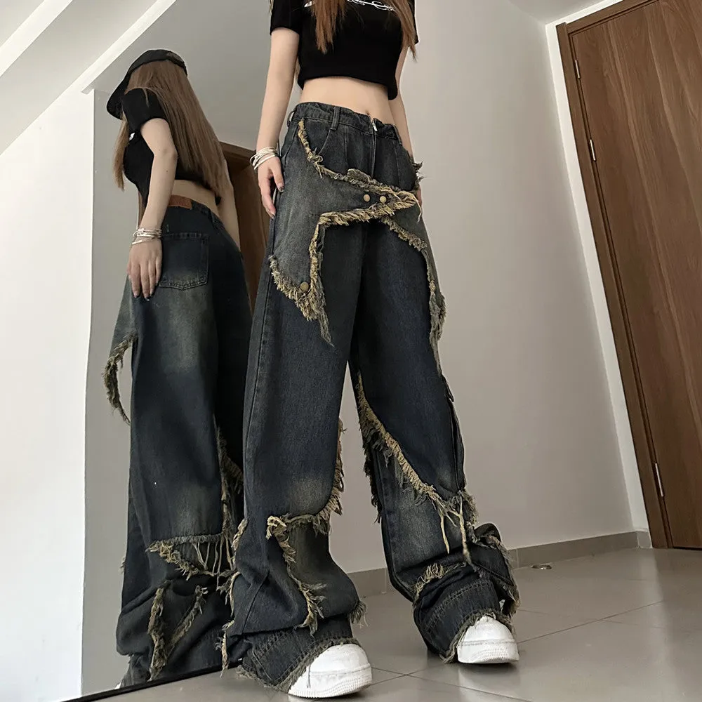 Wjczt back to school outfits American-Style Retro Loose Slimming Jeans Women's Spring and Summer Design Frayed Mop Pants Straight Wide-Leg Pants Fashion