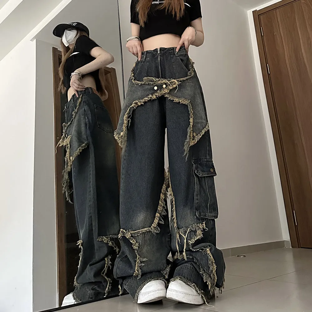 Wjczt back to school outfits American-Style Retro Loose Slimming Jeans Women's Spring and Summer Design Frayed Mop Pants Straight Wide-Leg Pants Fashion