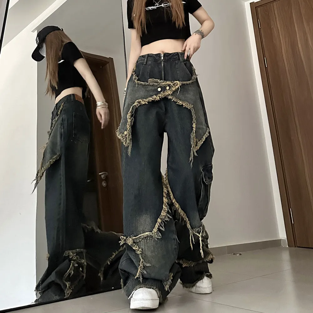 Wjczt back to school outfits American-Style Retro Loose Slimming Jeans Women's Spring and Summer Design Frayed Mop Pants Straight Wide-Leg Pants Fashion