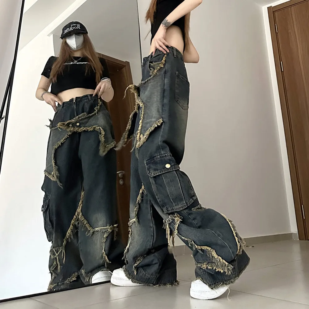 Wjczt back to school outfits American-Style Retro Loose Slimming Jeans Women's Spring and Summer Design Frayed Mop Pants Straight Wide-Leg Pants Fashion