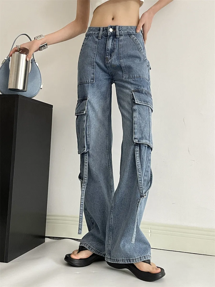 Wjczt leapord halloween outfit Chic Spring/Summer 2024 High Waist American Workwear Jeans Women's Casual Straight Pants Multi-Pocket X2098