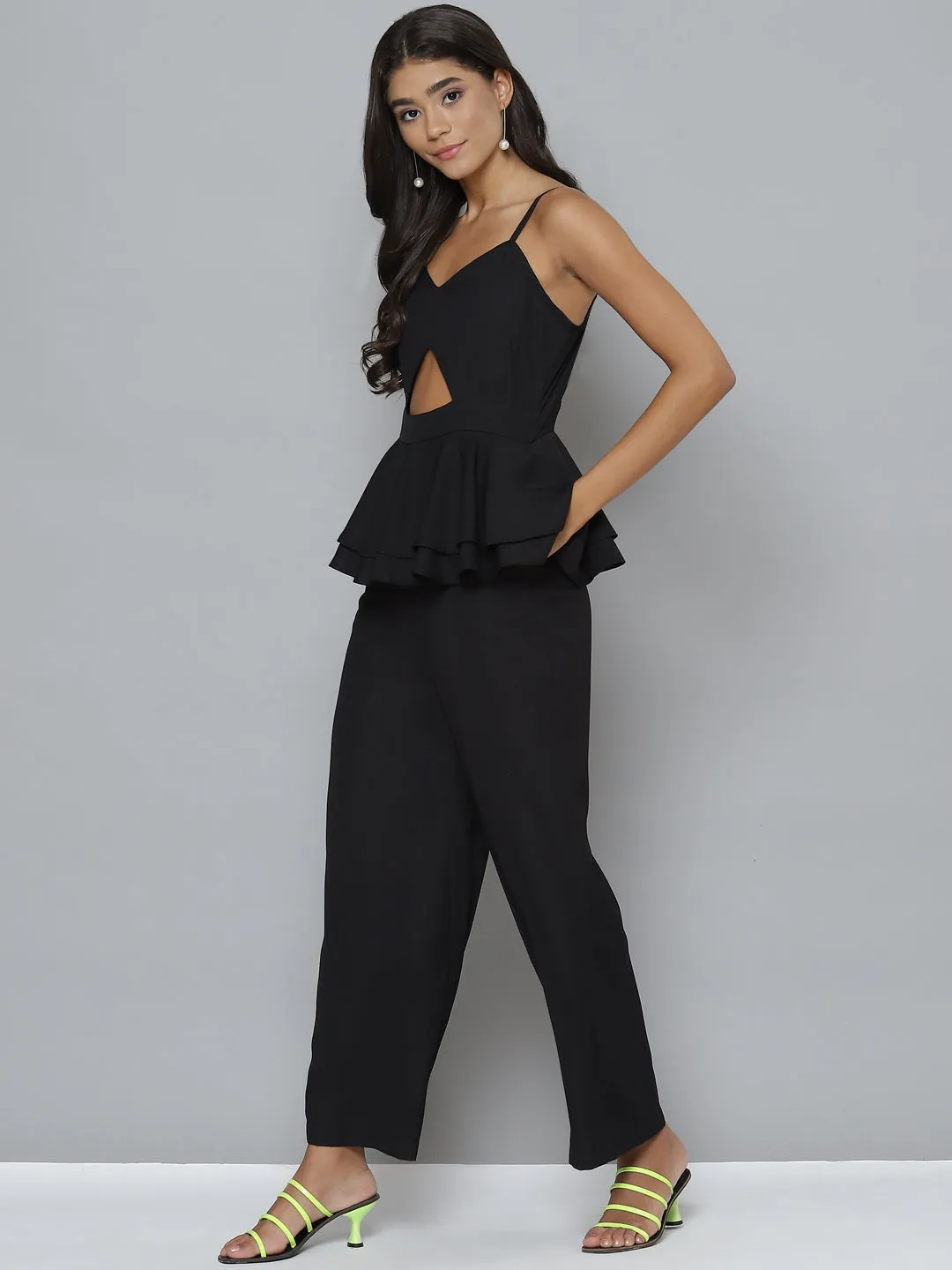 Women Black Strappy Peplum Layered Jumpsuit