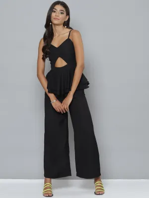 Women Black Strappy Peplum Layered Jumpsuit