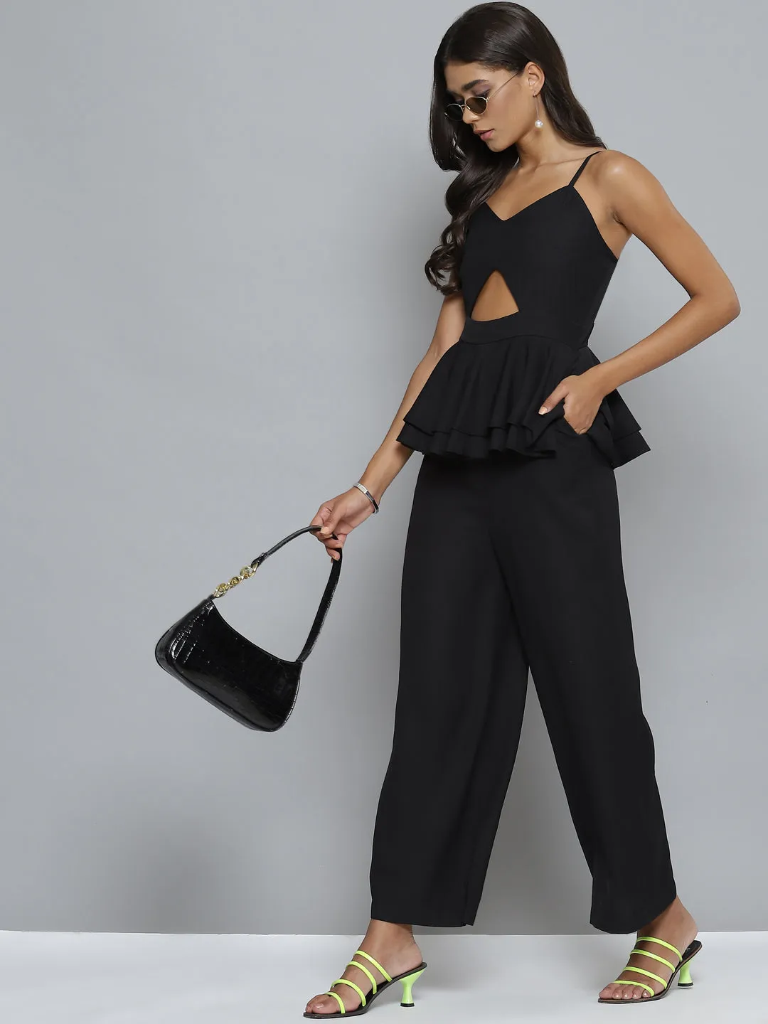 Women Black Strappy Peplum Layered Jumpsuit