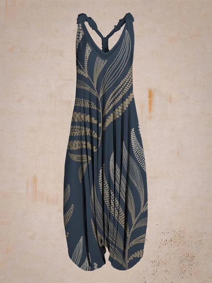 Women Dark Leaves Print Sleeveless Harem Jumpsuit