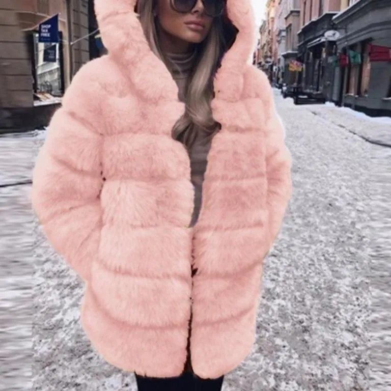 Women hooded long sleeve solid color open front faux fur coat