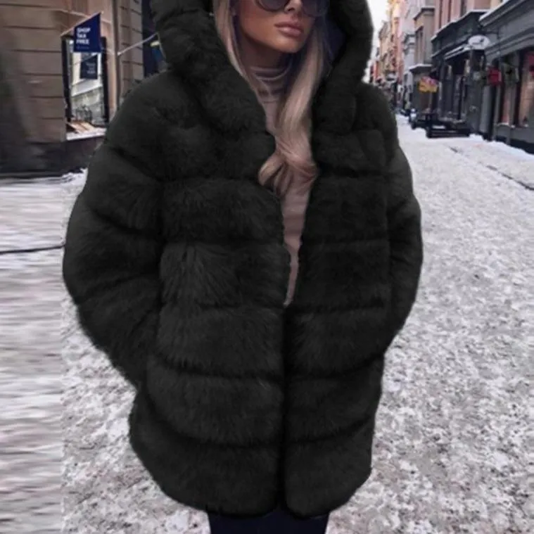 Women hooded long sleeve solid color open front faux fur coat