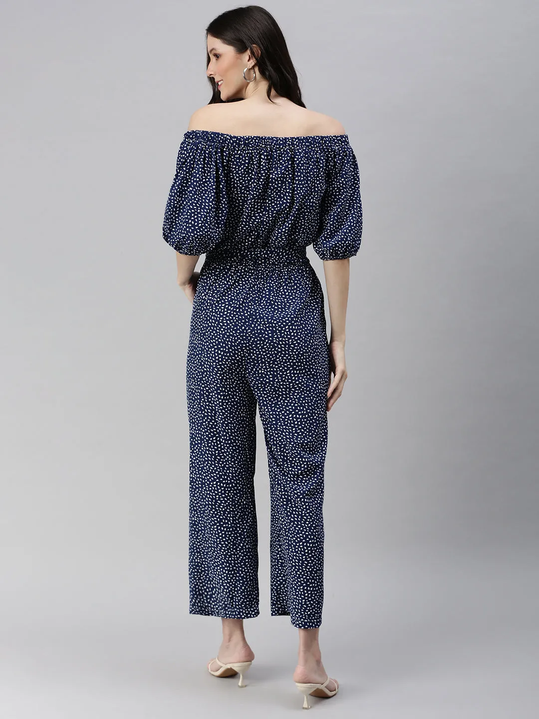 Women Off-Shoulder Printed Navy Blue Basic Jumpsuit