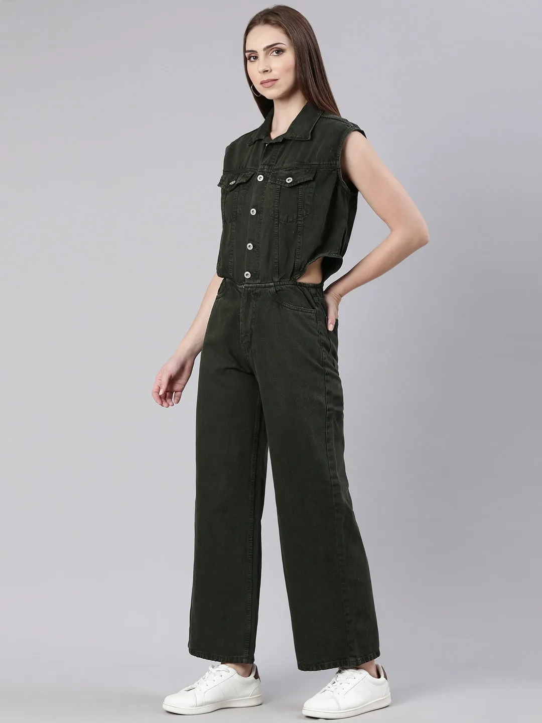 Women Solid Olive Basic Jumpsuit