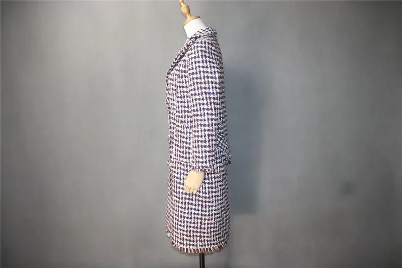 Women's Designer Inspired CUSTOM MADE Hounds tooth Wool Blend Tweed Long Coat