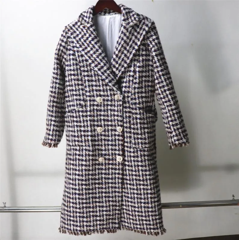 Women's Designer Inspired CUSTOM MADE Hounds tooth Wool Blend Tweed Long Coat