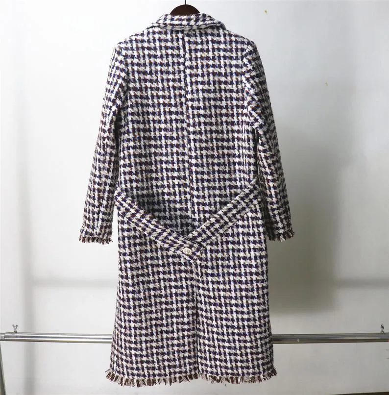 Women's Designer Inspired CUSTOM MADE Hounds tooth Wool Blend Tweed Long Coat