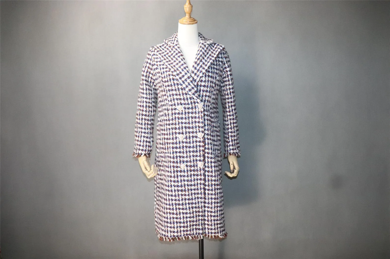 Women's Designer Inspired CUSTOM MADE Hounds tooth Wool Blend Tweed Long Coat