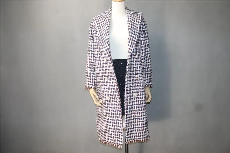 Women's Designer Inspired CUSTOM MADE Hounds tooth Wool Blend Tweed Long Coat