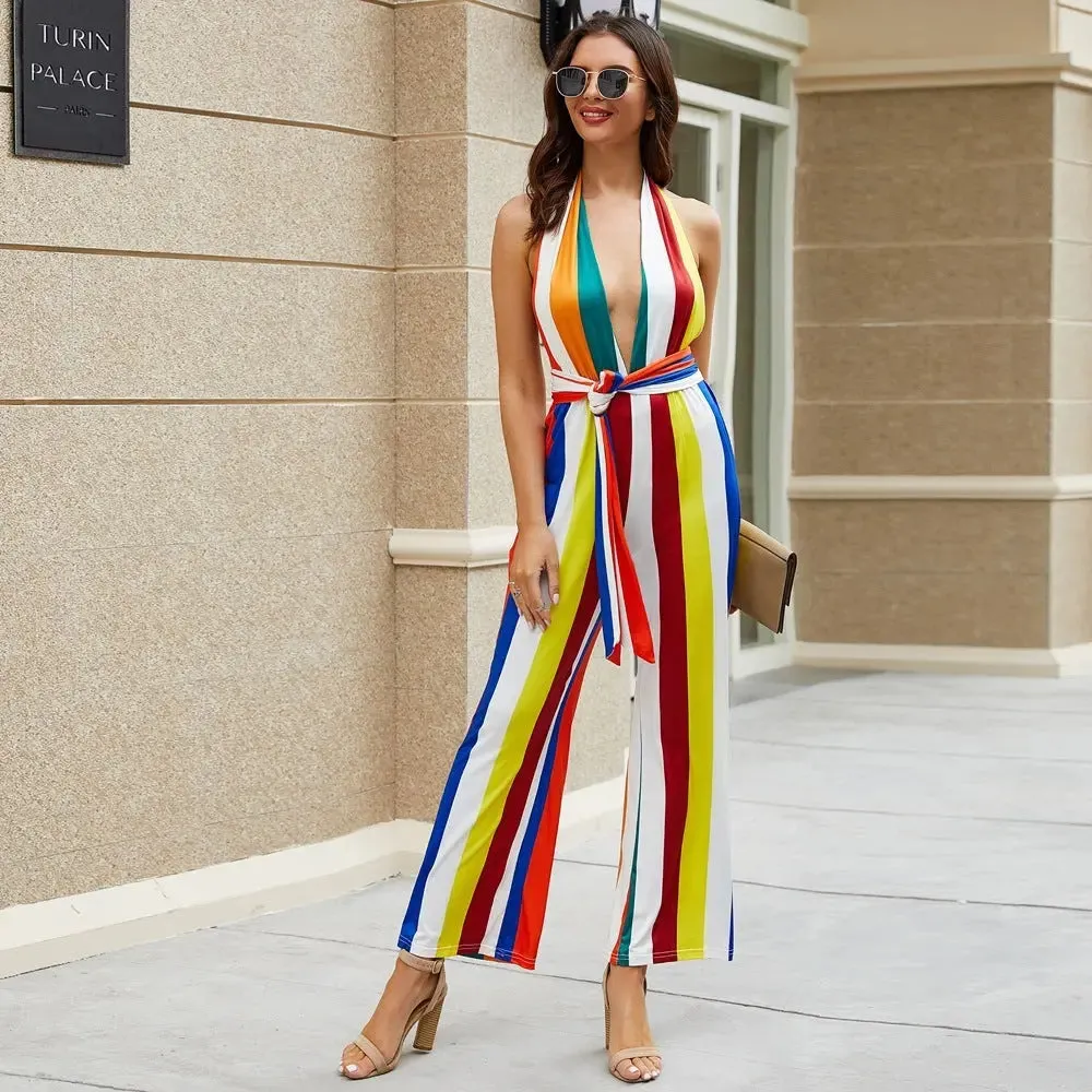 Women's V-neck Colorful Striped Jumpsuit