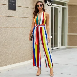 Women's V-neck Colorful Striped Jumpsuit