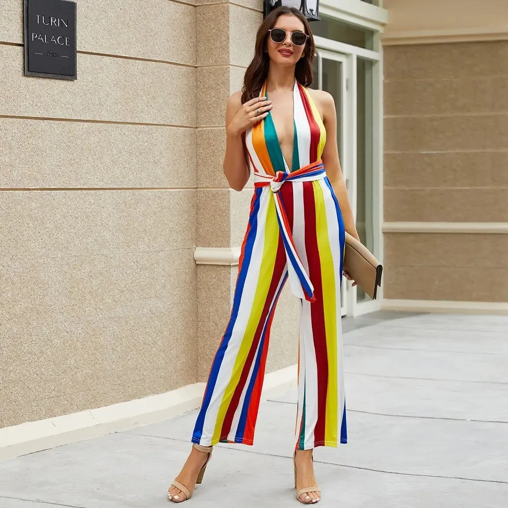 Women's V-neck Colorful Striped Jumpsuit