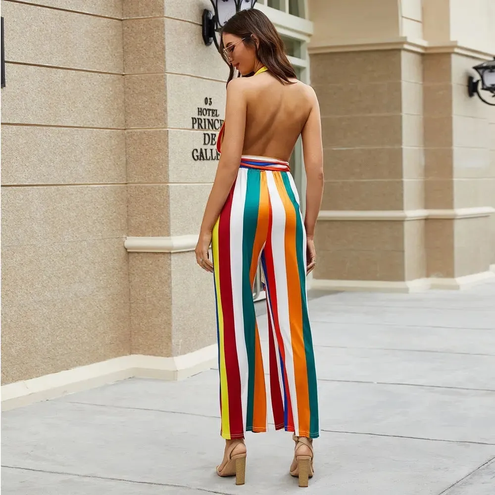 Women's V-neck Colorful Striped Jumpsuit