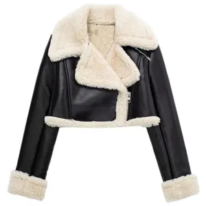 Women's Vintage Black Shearling Cropped Jacket Coat