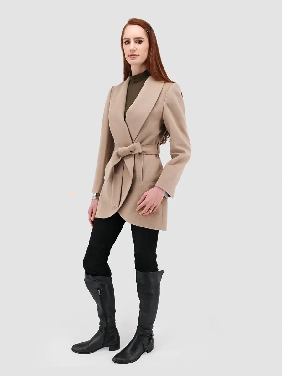 Wrap Coat with Shawl Collar in Alpaca Wool Blend - Beige