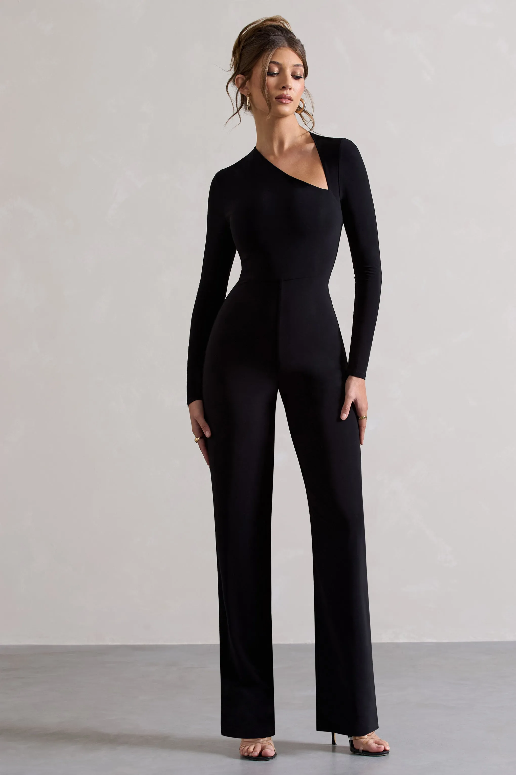 Yalina | Black Asymmetric Long Sleeve Wide-Leg Jumpsuit